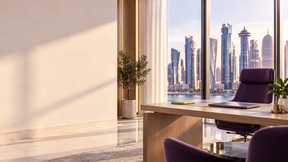 A private office in Doha with the West Bay towers outside